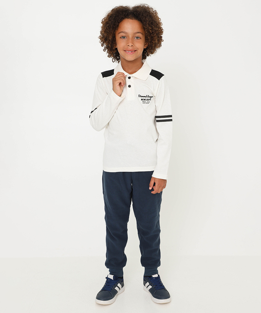 Polo Infantil Manga Longa Estampada MR Tam 4 a 10 Off White