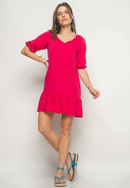 Image_Vestido Curto Viscolinho Com Babado Rosa Salvatore Fashion