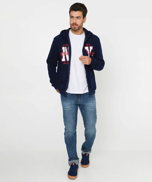 Casaco Masculino Moletom Flanelado Capuz Marisa Azul