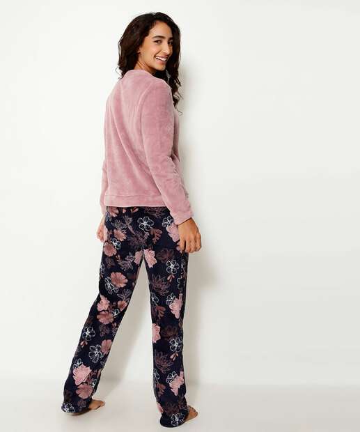 Pijama Feminino Fleece Floral Manga Longa Marisa