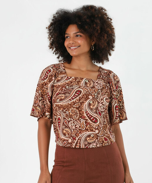 Image_Blusa Feminina Estampa Paisley Manga Curta Marisa Marrom