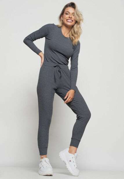 Blusa  Básica Manga Longa e Gola Redonda Canelada Grafite