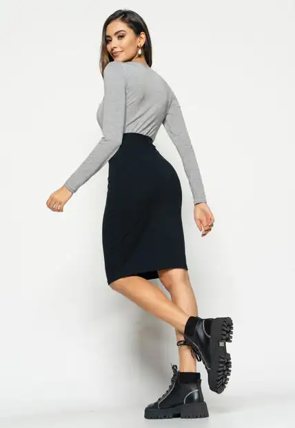 Blusa  Básica Manga Longa e Gola Redonda Malha Mescla