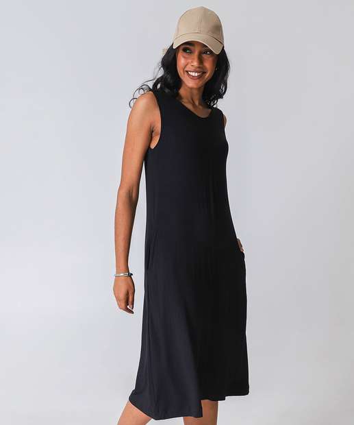 Vestido Midi Feminino Bolsos Marisa Preto