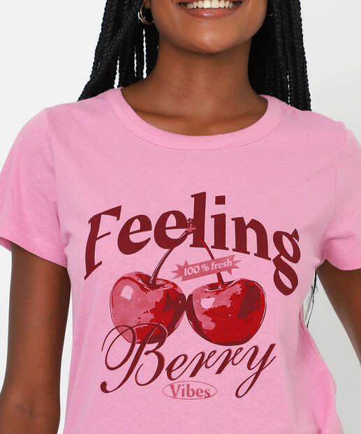 Camiseta Feminina Estampa Cereja Manga Curta Marisa Rosa