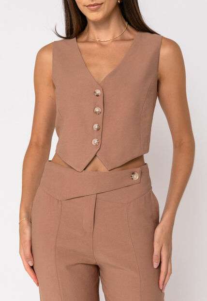 Colete Alfaiataria Curto com Botões Bege Escuro Salvatore