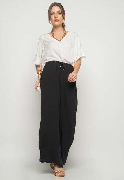 Calça Pantalona Evasê Viscolinho Preto Salvatore Fashion