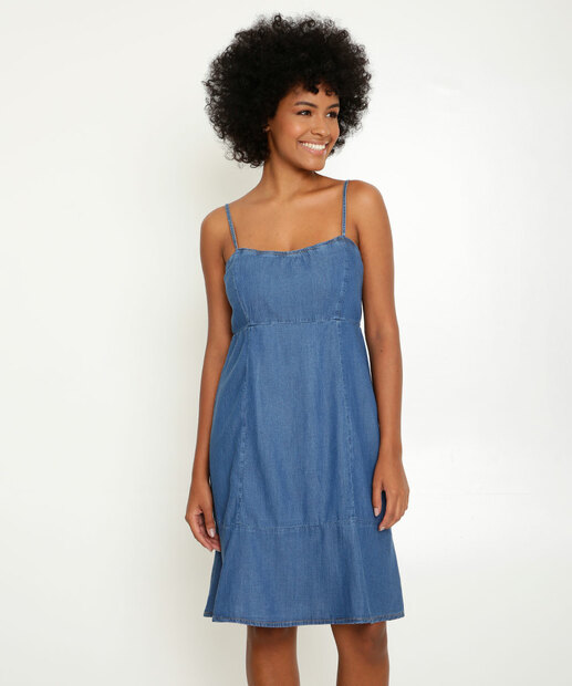 Vestido Jeans Curto Feminino Alças Finas Marisa