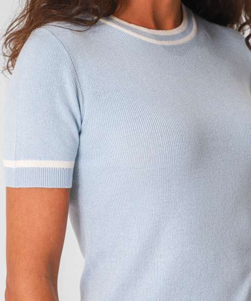 Blusa Feminina Manga Curta Tricô Marisa Azul
