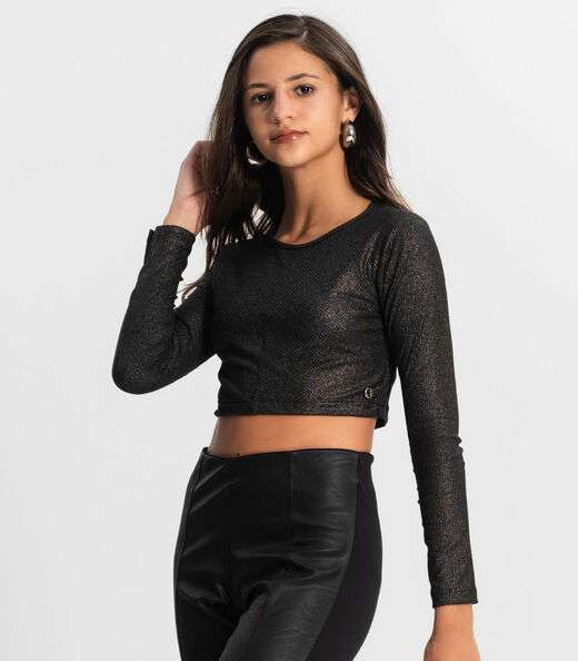 Blusa Cropped Juvenil Manga Longa Minty Preto