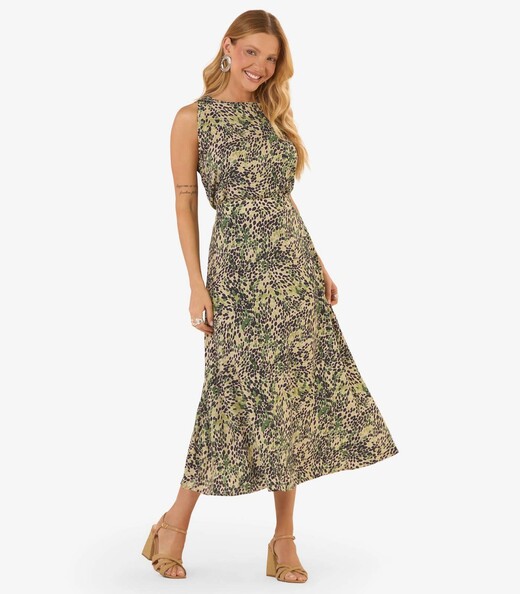Saia Feminina  Midi Viscose Kyhara Estampa Rovitex Verde
