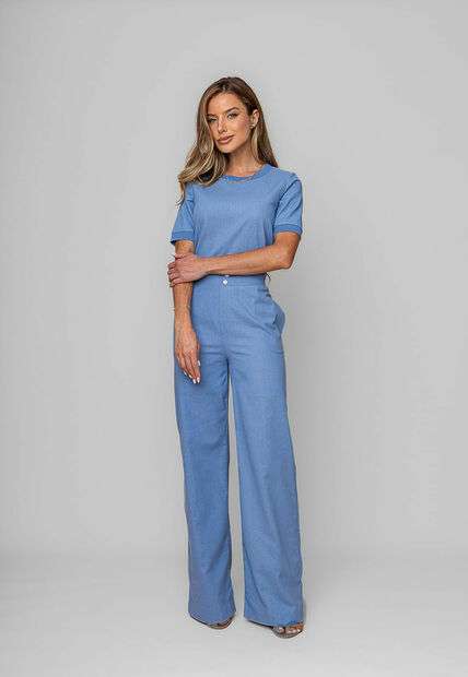 Blusa Alfaiataria Gola Ribana Manga Curta Azul Salvatore