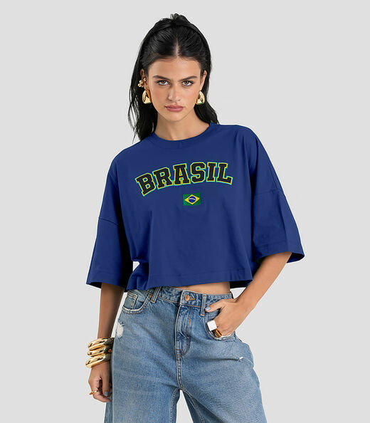 T- Shirt Feminina em Meia Malha Brasil Dianna Azul