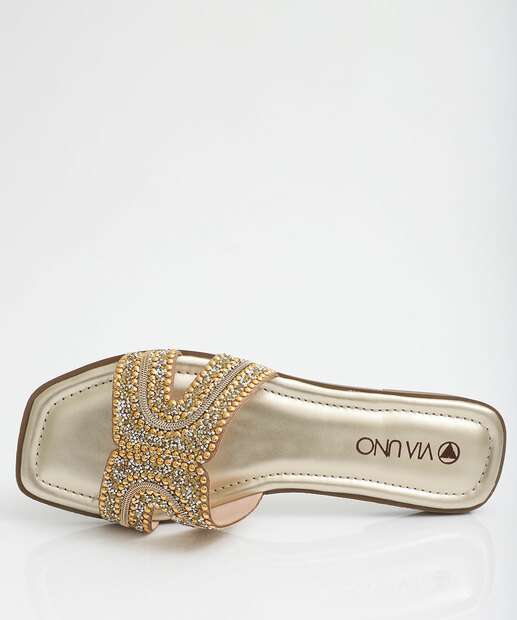 Rasteirinha Feminina Tiras Strass Beira Rio Dourado