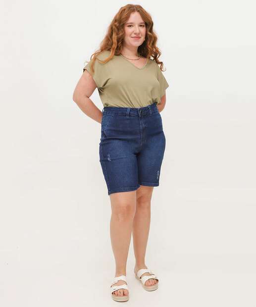 Bermuda Plus Size Feminina Jeans Puídos