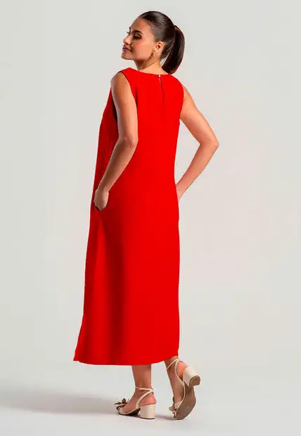 Vestido Midi Alfaiataria Marrant Regata Com Fendas e Bolsos Vermelho Salvatore