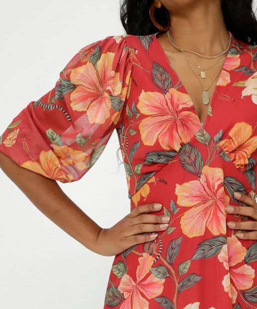 Vestido Feminino Tule Floral Manga Bufante 3/4 Marisa