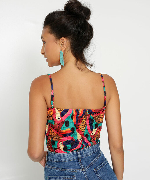 Blusa Cropped Feminina Lastex Estampa Tropical Marisa
