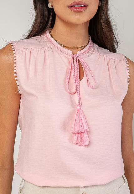 Regata Alfaiataria Com Amarração E Detalhe de Pompons Rosa Salvatore