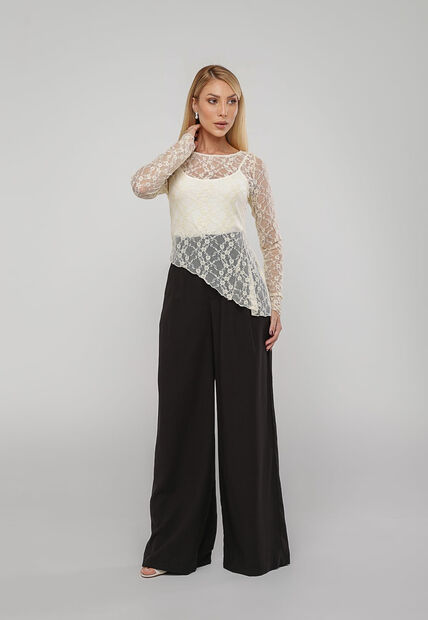 Blusa De Renda Assim?trica Manga Longa Marfim Salvatore