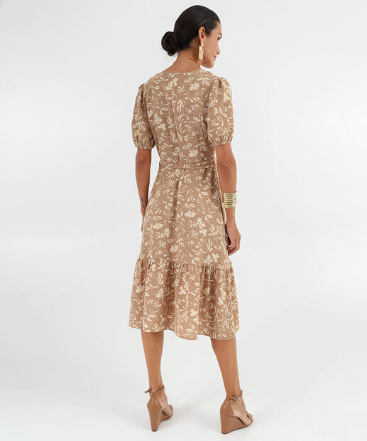 Vestido Feminino Midi Flores Amarração Marisa Bege