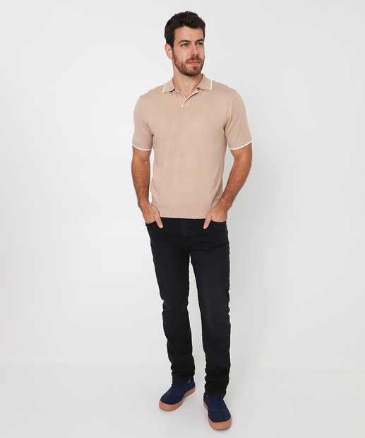 Polo Masculina Tricô Retilínea Manga Curta Marisa Bege