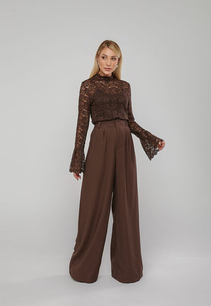 Blusa De Renda Com Manga Longa Flare Marrom Salvatore