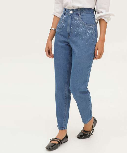 Calça Mom Jeans Detalhe Brilho Strass