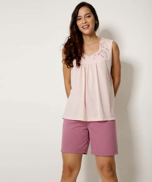 Pijama Feminino Bordado Flores Sem Manga Marisa