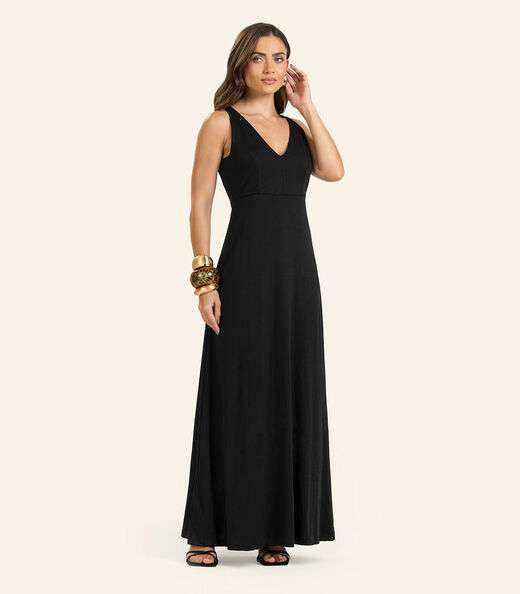 Vestido Feminino Longo Visco Maquinetada Endless Preto