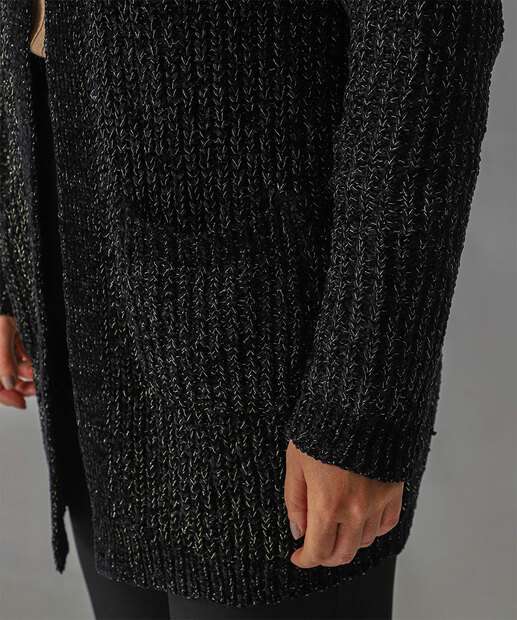 Cardigan Feminino Chenille Alongado Brilho Lurex Marisa Preto