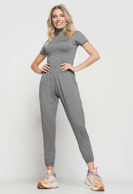 Blusa  Gola Alta Manga Curta Malha Grafite