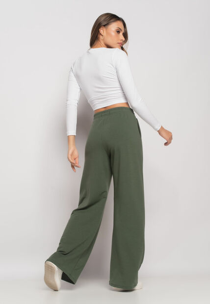 Cal?a Wide Leg Com Bolso Moletinho Verde Salvatore