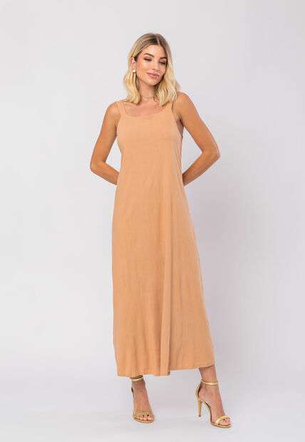 Vestido Midi Viscolinho Premium com Alças Bege Salvatore