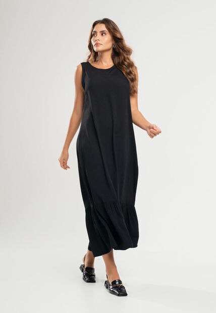 Vestido Midi Regata Babado Viscolinho Preto Salvatore Fashion