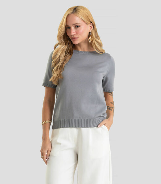Image_Blusa Feminina Manga Curta Lisa Em Tricot Dianna Cinza