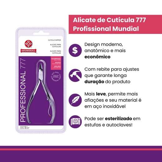 Kit c/ 3 unidades Alicate Cutícula Pro-Inox Mundial Prateado Manicure