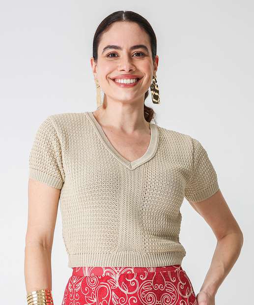 Image_Blusa Feminina Tricô Brilho Lurex Manga Curta Bege Marisa