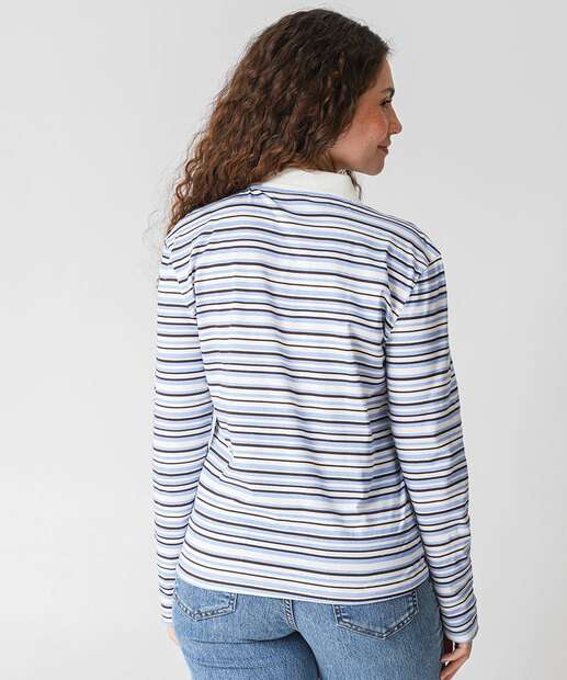 Blusa Polo Feminino Listrado Manga Longa Marisa Off White