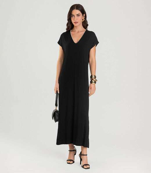 Vestido Feminino Decote V Super Midi Dianna Preto