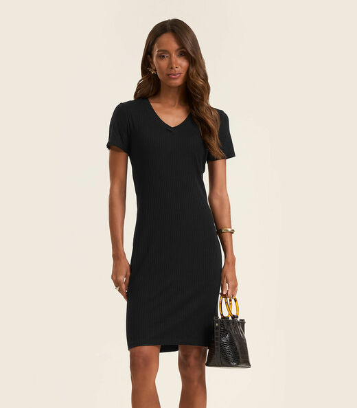 Vestido Acinturado Em Ribana Canelada Rovitex Preto