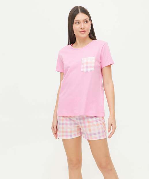 Pijama Feminino Manga Curta Quadriculada Marisa