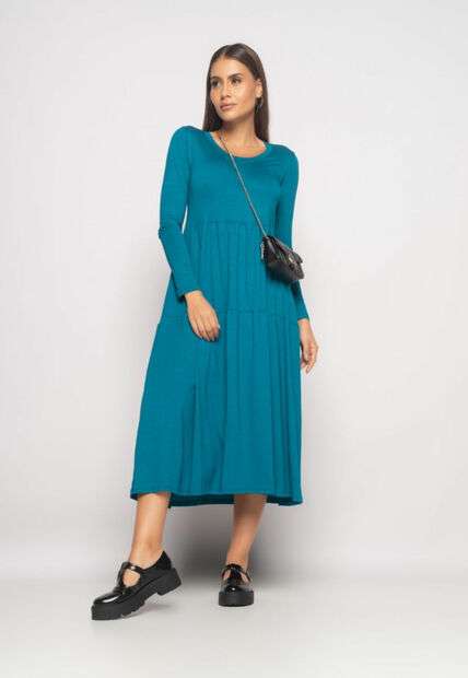 Vestido Midi Manga Longa Com Babado Malha Azul Salvatore