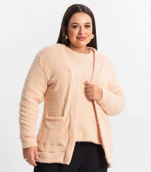 Cardigan Feminino Plus Size Em Tricot Secret Glam Rosa