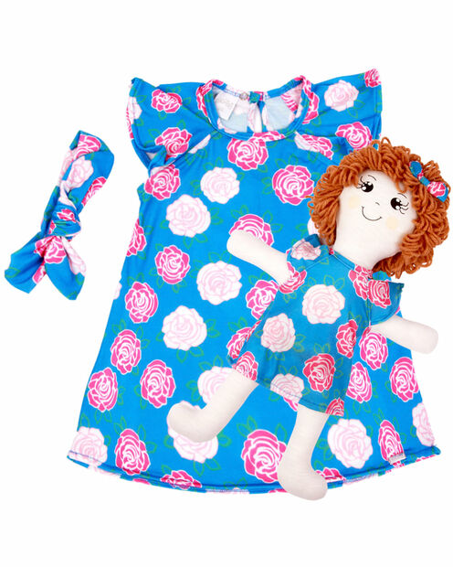 Vestido Bebe Infantil Com Boneca De Pano Kit com Faixa de Cabeça - Azul