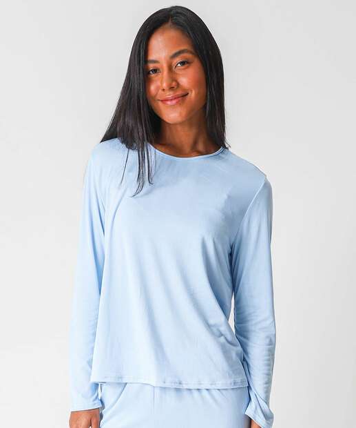 Pijama Feminino Liso Manga Longa Marisa Azul