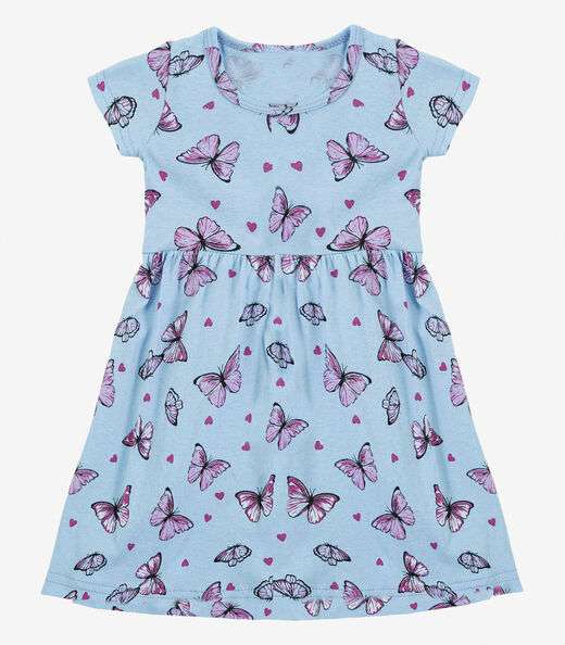 Vestido Infantil Manga Curta Estampado Biju Kids Azul