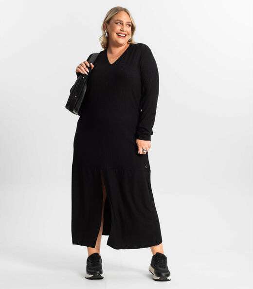 Image_Vestido Midi Plus Size Manga Longa Secret Glam Preto
