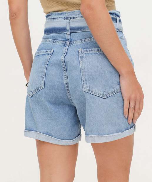Short Jeans Feminino Clochard Cintura Alta Bolsos