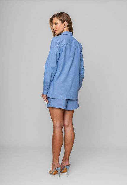 Camisa Alfaiataria Linho M/L Com Bolso Azul Salvatore